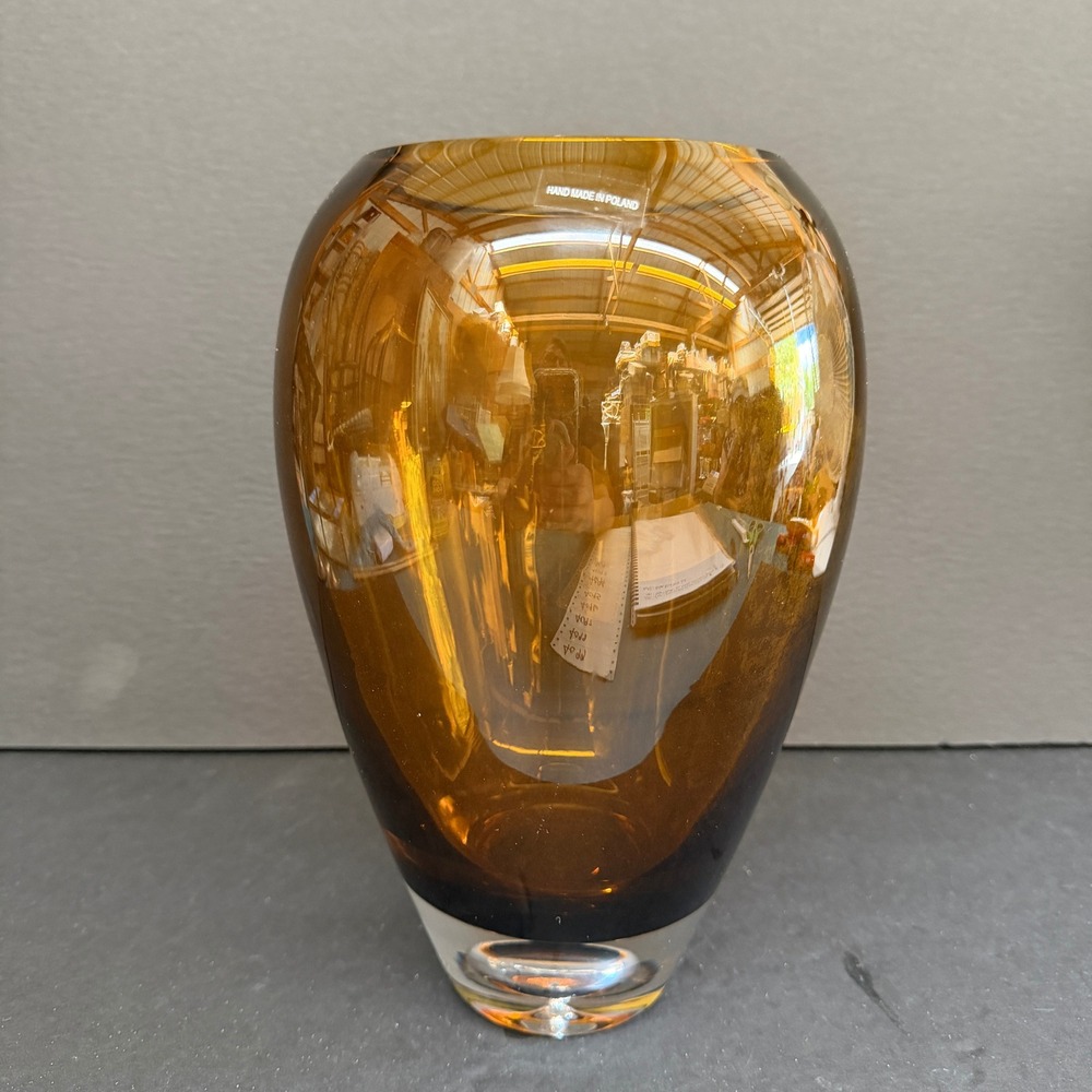 Amber Poland Poland Vase Hand Blown Amber Glass Heavy Base Teardrop 10.5in